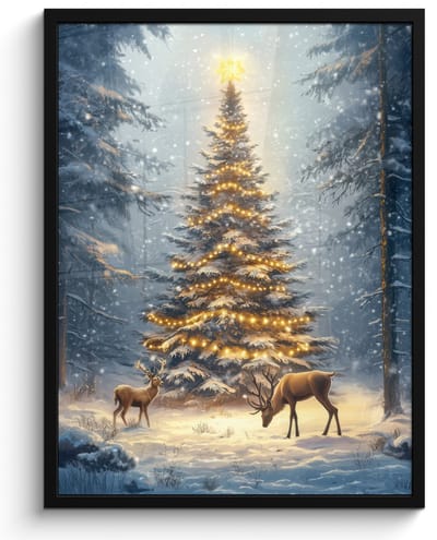 Poster in lijst - Fotolijst 60x80 cm - Posters - Kerstlicht - Woud - Hert - Donker - Posterlijst zwart - Decoratie - Wanddecoratie woonkamer - Muurdecoratie slaapkamer - Kerstversiering - Kerstdecoratie voor binnen - Kerstmis