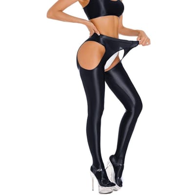 Leggings Sexy pour Femmes Pantalon Stylo Brillant Aspect Huilé Couleur Bonbon Entrejambe Lisse Pantalon Amincissant Sexy Serré Creux XXL black