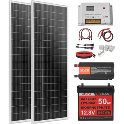 VEVOR 200W Complete Zonne-energiesysteem Kit, Off-grid zonne-energiesysteem inclusief 2 x 100W Mono zonnepanelen, 12,8V 50Ah LiFePO4 accu, 40A laadregelaar en 12V 800W omvormer, fotovoltaïsch off-grid systeem voor thuis of camper