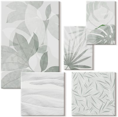Wallfluent Set van canvas schilderijen - Plantenmotieven in delicate tinten groen Canvas Schilderijen Set - Set van 5 Canvas Schilderijen - Grijs Set van Canvas Prints - Natuur Canvas Kunst Set - Boheemse Canvas Kunst Set