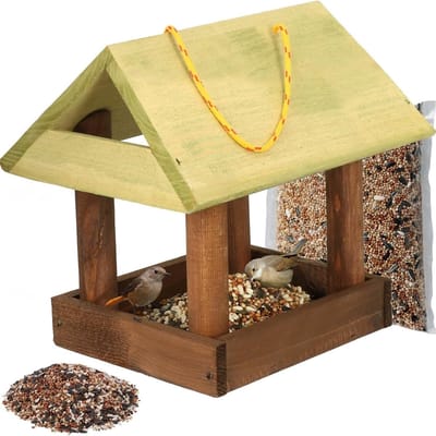 Famanu – Vogelvoederhuisje Om Op Te Hangen - Vogelvoer 0.5 kg - Weerbestendig - Bruin & Groen - Voor Tuin Balkon Terras 27 x 20 x 24 cm