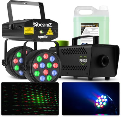 BeamZ lichtset met laser, PAR spots en 500W rookmachine met 5 liter rookvloeistof