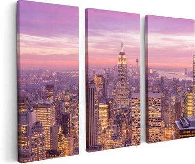 Artaza Canvas Schilderij Drieluik New York Skyline Met Lichten Bij Zonsondergang - 120x80 - Foto Op Canvas - Canvas Print