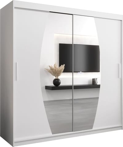 InspireMe - Kledingkast met 2 schuifdeuren, Modern-stijl, Een kledingkast met planken en een spiegel (BxHxD): 200x200x62 - GLOBE 200 Wit Mat