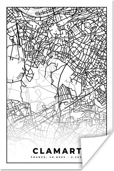 Poster Frankrijk - Clamart - Plattegrond - Stadskaart - Kaart - Zwart wit - 120x180 cm XXL