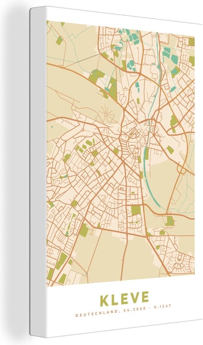 Canvas Schilderij Plattegrond - Kleve - Kaart - Stadskaart - Vintage - 20x30 cm - Wanddecoratie