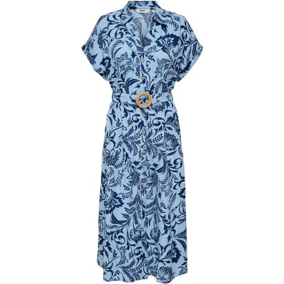 Only blauwe dames jurk   Punt kraag   Regular fit   Steekzakken   Bloemen patroon   Knoopsluiting   Korte mouw Blauw S