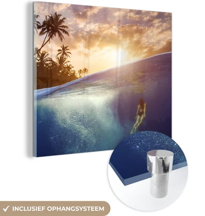 MuchoWow® Glasschilderij 50x50 cm - Schilderij acrylglas - Zee - Zwemmer - Zon - Foto op glas - Muurdecoratie woonkamer - Wanddecoratie slaapkamer - Schilderijen