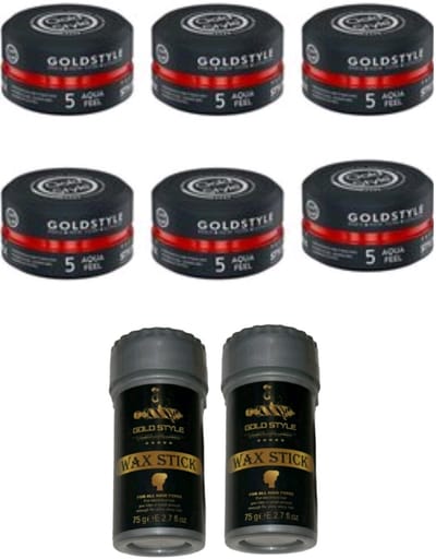 Gold Style Haar Wax Nummer 5 AQUA FEEL (6 Stuks) + 2 x 75 Gram Gold Style Wax stick - Haar wax Mannen - Styling Wax - Wax stick - haar stick