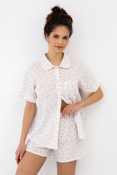 Sensis Katoenen Shortama Pyjama Dames Mousseline Knoopsluiting Bloemenprint Ecru NAYLA 36 / S