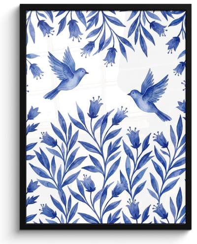 Poster in lijst - Fotolijst 60x80 cm - Posters - Modern - Vogels - Delfts - Blauw - Posterlijst zwart - Decoratie - Wanddecoratie woonkamer - Muurdecoratie slaapkamer