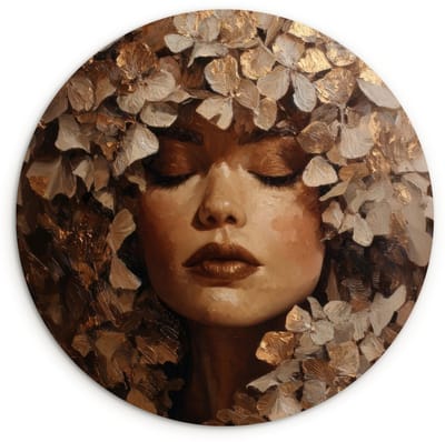 WallCircle® Wandcirkel 120x120 cm - Muurcirkel Gezicht - Vrouwe - Bladeren - Penseelstreken - Muurdecoratie woonkamer - Wanddecoratie slaapkamer - Kamer decoratie accessoires - Ronde schilderijen XXL