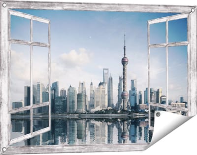 Gards Tuinposter Doorkijk Shanghai Skyline in China - 90x60 cm - Tuindoek - Tuindecoratie - Wanddecoratie buiten - Tuinschilderij