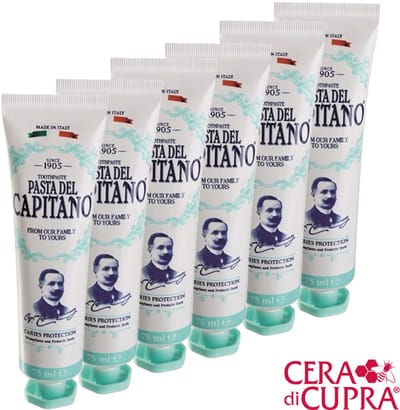 Pasta del Capitano 1905 - Caries Protection - 6 tubes, € 6,95 per stuk, inclusief tubeknijper: de ideale oplossing tegen tandplak en gaatjes en houdt het tandglazuur mooi. Het bevat Sulfetal ZN® met antibacteriële werking