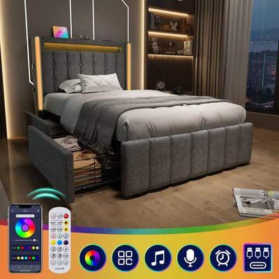 Gestoffeerd bed 90x200 cm - met USB Type-C oplaadfunctie - met LED-verlichting en 2 lades - grijs - zonder matras