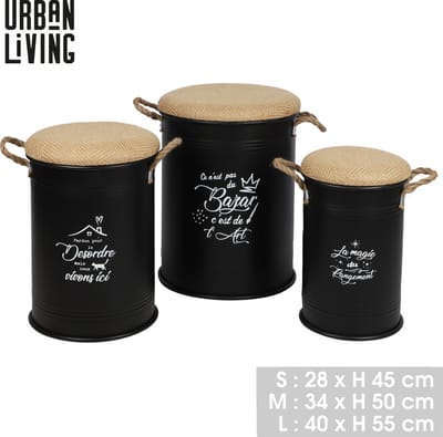 LOFT & METAL POEFKAN MET JUTE ZITTING X3PCS S28XH45CM/M34XH50CM/L40XH55CM