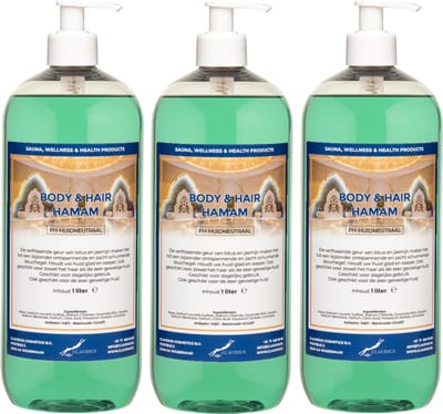 Body & Hair Hamam 1 liter met 3 witte pomp - set van 3 stuks - 2 in 1 voor lichaam en haar - voordeelverpakking
