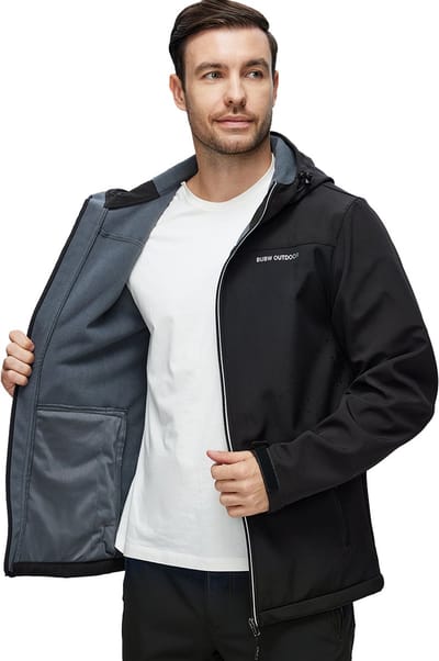 BUBW® Windjack - Outdoorjas Heren - Softshell Jas met Capuchon - Winddicht - Waterafstotend - Ademend - Fleece Gevoerd - Rits Zakken - Outdoor - Maat XXL - Zwart