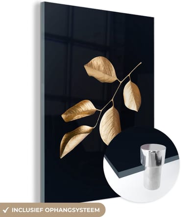 MuchoWow® Glasschilderij 120x160 cm - Schilderij acrylglas - Bladeren - Tak - Goud - Luxe - Foto op glas - Schilderijen