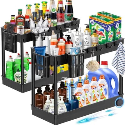 Famanu - Rek voor onder de wastafel, 2 etages, spoelkastorganizer, keukenorganizer met 8 haken, 4 hangbekers, keukenkast, organizer, onderkast, organizer voor badkamer, keuken, tafelblad