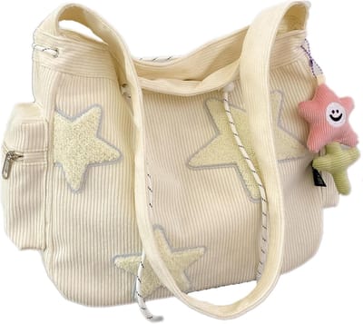 QTTVBTNA – 1 Stuk Schouder Tas - Handtas - Corduroy - Sterren Design - Met Trekkoord - Grote Capaciteit - Crossbody Tas - Shopper Tote Bag - Voor Werk School Reizen Winkelen en Dagelijks Gebruik - Lichtgewicht Duurzaam - Beige