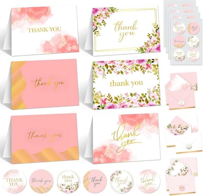 24 Roze Bedankkaartjes met Gouden Folie en Enveloppen - 6 Unieke Bloemen Designs - Formaat 10x15 cm