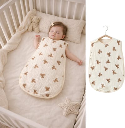 Joya Kids® Baby Slaapzak van Mousseline | Hydrofiele Slaap zak | Ademend Zomerslaapzakje met Teddyprint | Zachte Baby Slaapzak voor Jongens en Meisjes | Maat M (70x43 cm)