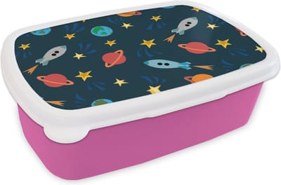 Broodtrommel Roze - Lunchbox - Brooddoos - Patronen - Aarde - Ruimte - Raket - Jongens - Kinderen - Jongetje - Kids - 18x12x6 cm - Kinderen - Meisje