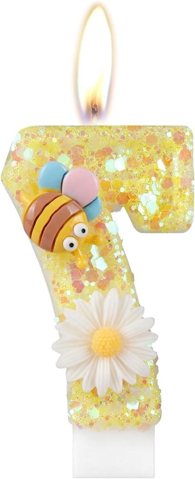Verjaardagskaars Cijfer 7 - Taartdecoratie Kaars - Feesttaart Versieren - Bijen en Bloemen Design - 122 cm Lengte - Geel