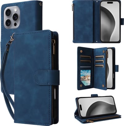 YPCd Wallet Case Pasjeshouder met Rits – Geschikt voor Apple iPhone 16 Pro – Luxe Bookcase Hoesje met 6 Pasjesvakken & Polsbandje – Blauw