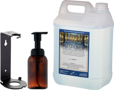 Zeepdispenser 300 ml amber bruin hervulbaar + 5 liter Body & Hair Hammam Herbal navulling (inclusief beugel)
