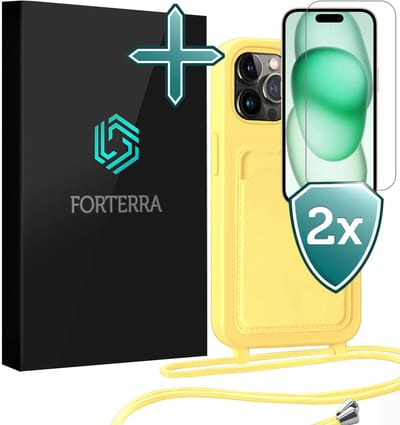 Hoesje Geschikt voor iPhone 14 Pro Pashouder Case Siliconen Hoes Met Koord Met 2x Screenprotector - Hoes Geschikt voor iPhone 14 Pro Met Telefoonkoord Hoesje Back Cover Met Pasjeshouder - Geel