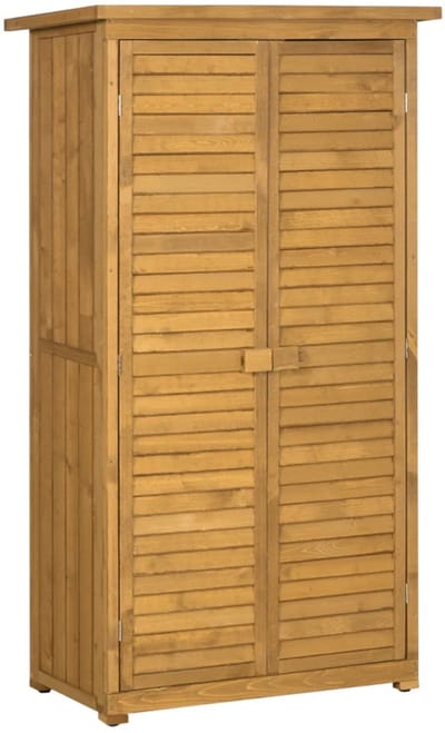 Houten Tuinschuur - 87x46,5x160 cm - Tuinhuis - Tuinkast - met 3 Planken & Jaloeziedeuren - Gereedschapsschuur - Opslagruimte Tuin - Tuingereedschap Bewaren - Weerbestendig - Dennenhout - Bruin