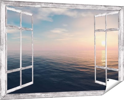 Gards Tuinposter Doorkijk Zee Water tijdens Zonsondergang - 150x100 cm - Tuindoek - Tuindecoratie - Wanddecoratie buiten - Tuinschilderij