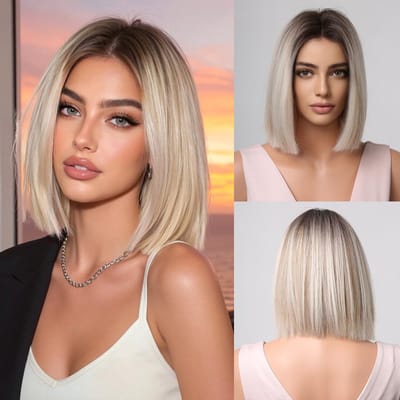Dailygoods- Pruik Korte Rechte Ombre Bruin naar Blond - Synthetische Pruik - Schouderlengte - Ademend Materiaal - Natuurlijk Uiterlijk - Perfect Comfort - Haarstuk