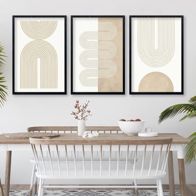 Set van 3 Houten Wandpanelen met Beige Geometrische Abstracte Prints