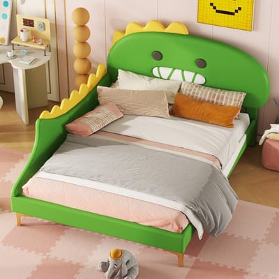 Sweiko 140*200cm Kinderbed, Cartoon Dinosaurus vorm, Tweepersoonsbed, Plat bed, PU materiaal, Groen