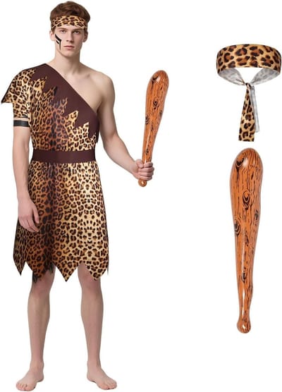 4-delig Kostuum voor Volwassenen, Tuniek en Accessoires, Prehistorisch Thema, Carnaval, Halloween, Feestkleding