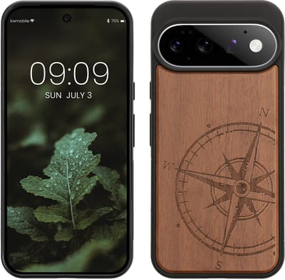 kwmobile telefoonhoesje geschikt voorGoogle Pixel 11 Pro XL - Hoesje met bumper - hout - In donkerbruin Vintage Kompas design