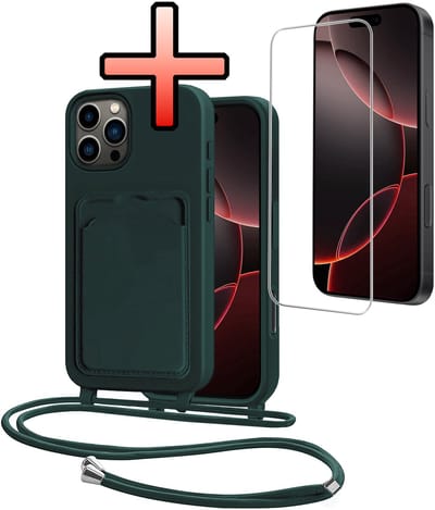 Hoes Geschikt voor iPhone 16 Pro Hoesje Pasjeshouder Cover Met Koord Case Siliconen Hoes Met Telefoonkoord en Kaarthouder Met Screenprotector - Donkergroen