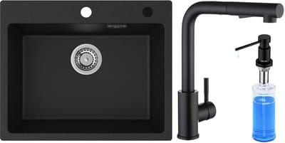 CECIPA Max Granieten Spoelbak 55*45cm - Spoelbak Keuken Met Keukenkraan en Zeepdispenser 300ML - Spoelbakken Keuken Zwart- Wasbak Keuken Met Waterafvoersysteem