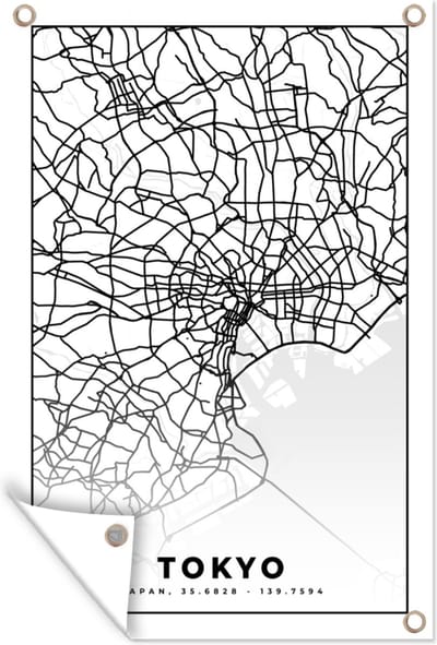 Muurdecoratie Tokyo - Stadskaart - Zwart Wit - Plattegrond - Kaart - 120x180 cm - Tuinposter - Tuindoek