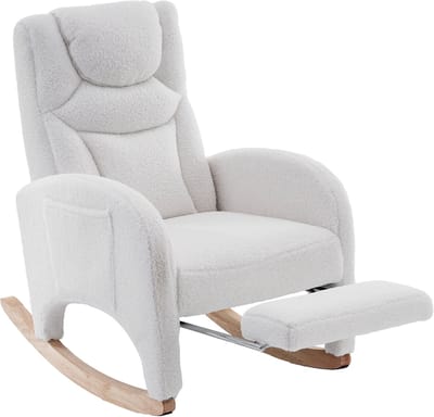 Schommelstoel - Relaxstoel - Accentstoel - Stoel - Teddy - Hout - Armleuning - Voetensteun - Woonkamer - 66x125x101cm - 110kg - Wit