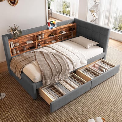 Pugsdrly - Dagbed - Slaapbank - 90 x 200 cm - Meerdere opbergruimtes met 2 lades - Met USB- en Type-C-poort - Met lattenbodem - Zonder matras - Linnen - Grijs