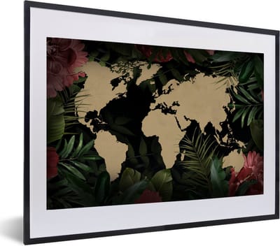 Poster in lijst - Fotolijst 60x40 cm - Posters - Wereldkaart - Bloemen - Tropische Planten - Posterlijst zwart - Decoratie - Wanddecoratie woonkamer - Muurdecoratie slaapkamer