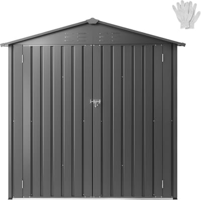 6 x 4 ft metalen tuinhuisje, buitenopslagruimte met afsluitbare deuren en 4 ventilatieroosters, metalen schuur met puntdak voor achtertuin, tuin, terras, fiets, grijs