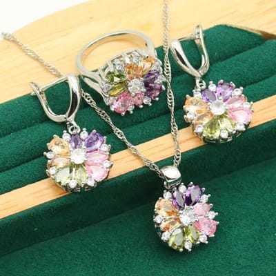 Sieraden Europees en N Licht Luxe Gekleurde Bloemen Zirkoon Inleg Ketting Oorbellen Dames Sieradenset size 10 gray