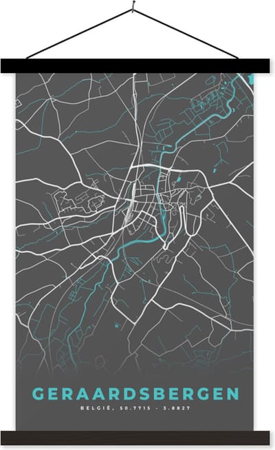 Posterhanger incl. Poster 40x60 cm - Schoolplaat - Plattegrond – Geraardsbergen – Blauw – Stadskaart - Kaart - België - Textielposter - Zwarte latten - Stadskaart