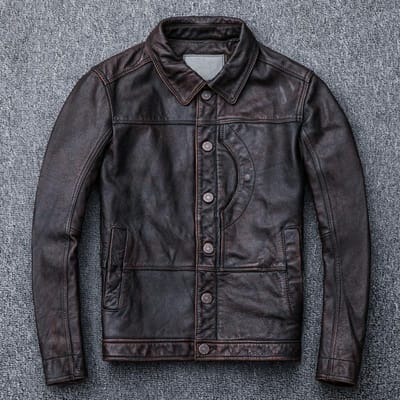 Roodbruin Toplaag Koeienhuid Leer Heren Vintage Wassing Gemaakt Oud Kort Revers Denim Jas 4XL gray