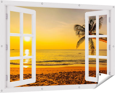 Gards Tuinposter Doorkijk Tropisch Strand tijdens Zonsondergang - 150x100 cm - Tuindoek - Tuindecoratie - Wanddecoratie buiten - Tuinschilderij